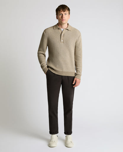 Man wearing a sand Cotton Knit Polo Sweater
