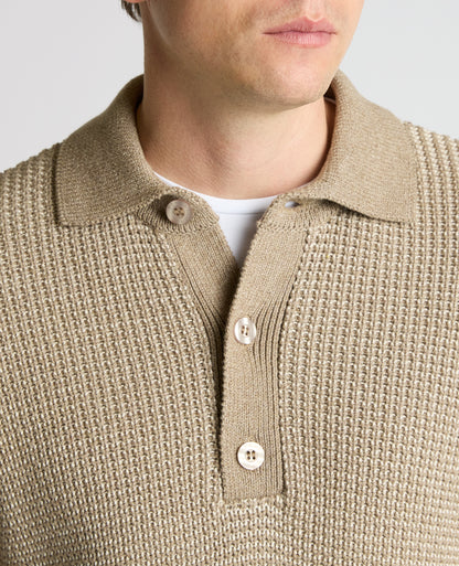 Man wearing a sand Cotton Knit Polo Sweater