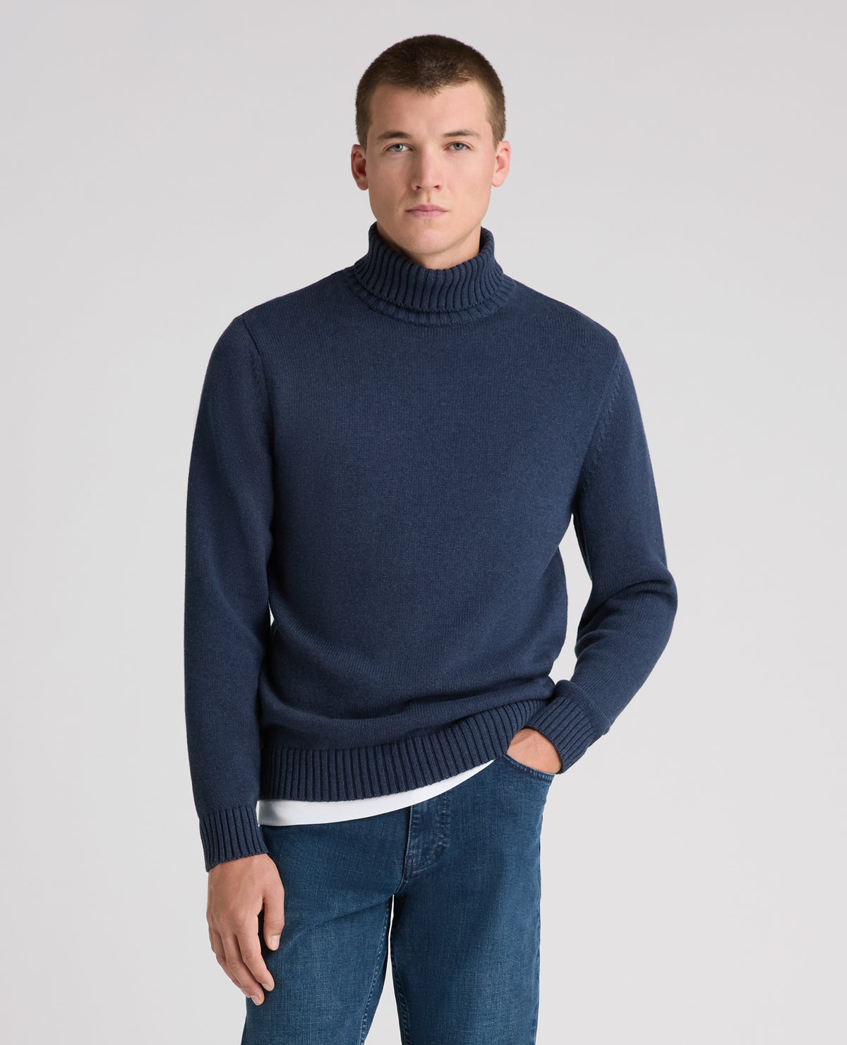 Dark Blue Roll Neck Cotton Jumper