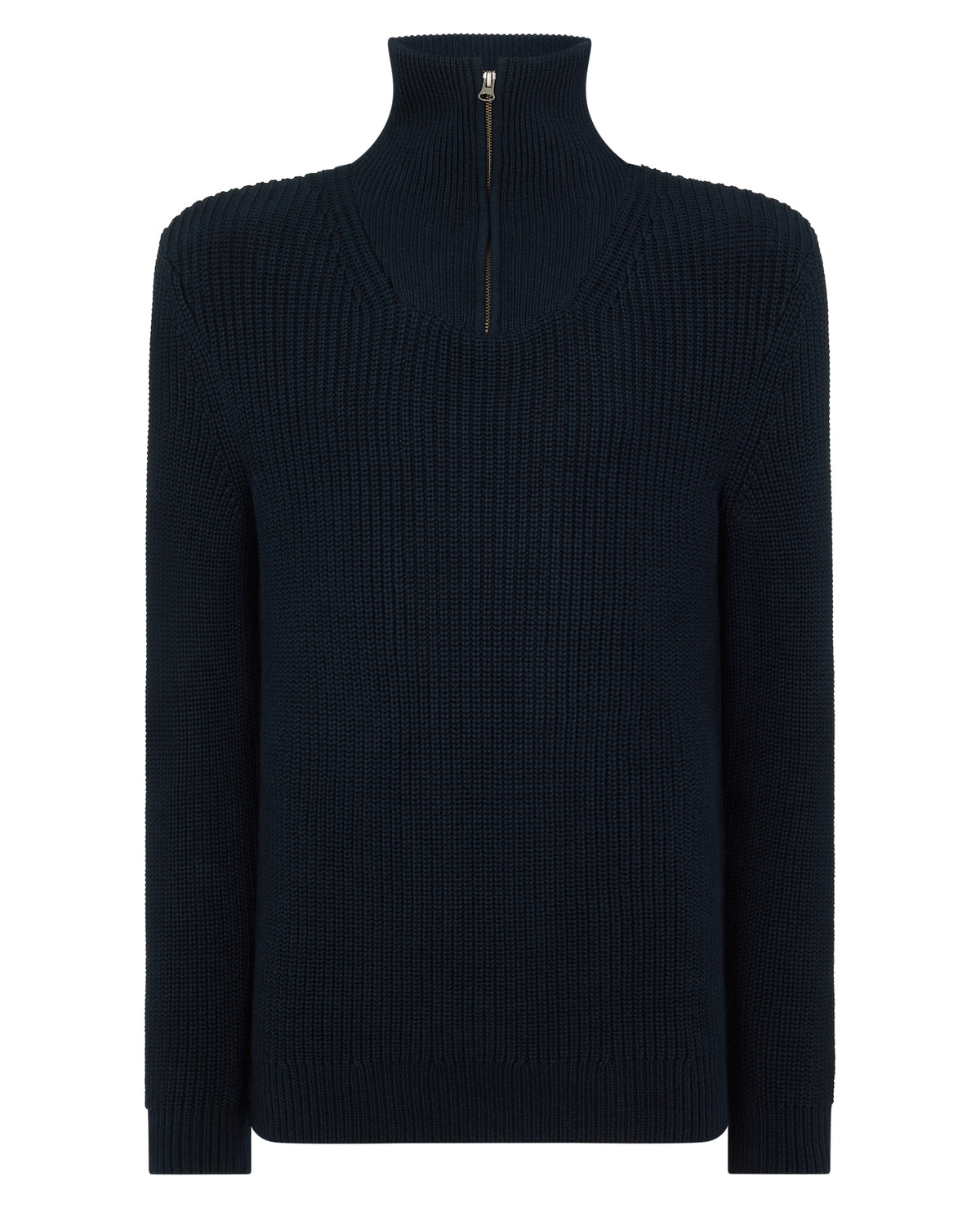 Man wearing a navy Cotton Funnel Neck Knit Sweater