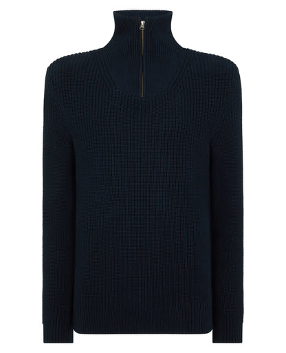 Man wearing a navy Cotton Funnel Neck Knit Sweater