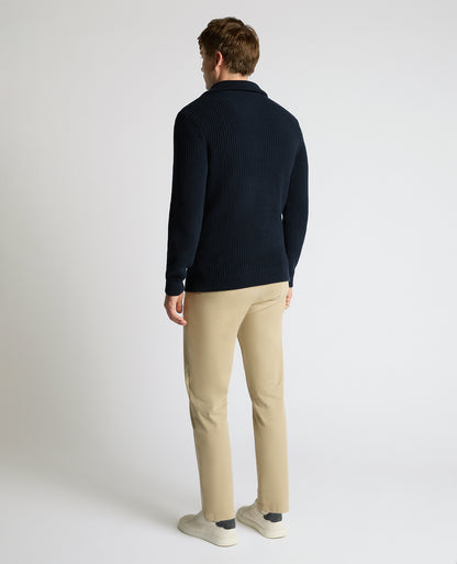 Man wearing a navy Cotton Funnel Neck Knit Sweater