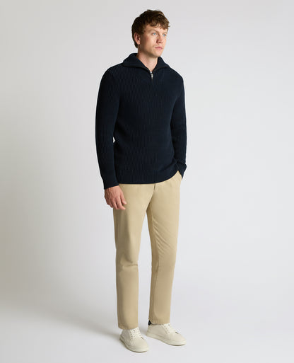 Man wearing a navy Cotton Funnel Neck Knit Sweater