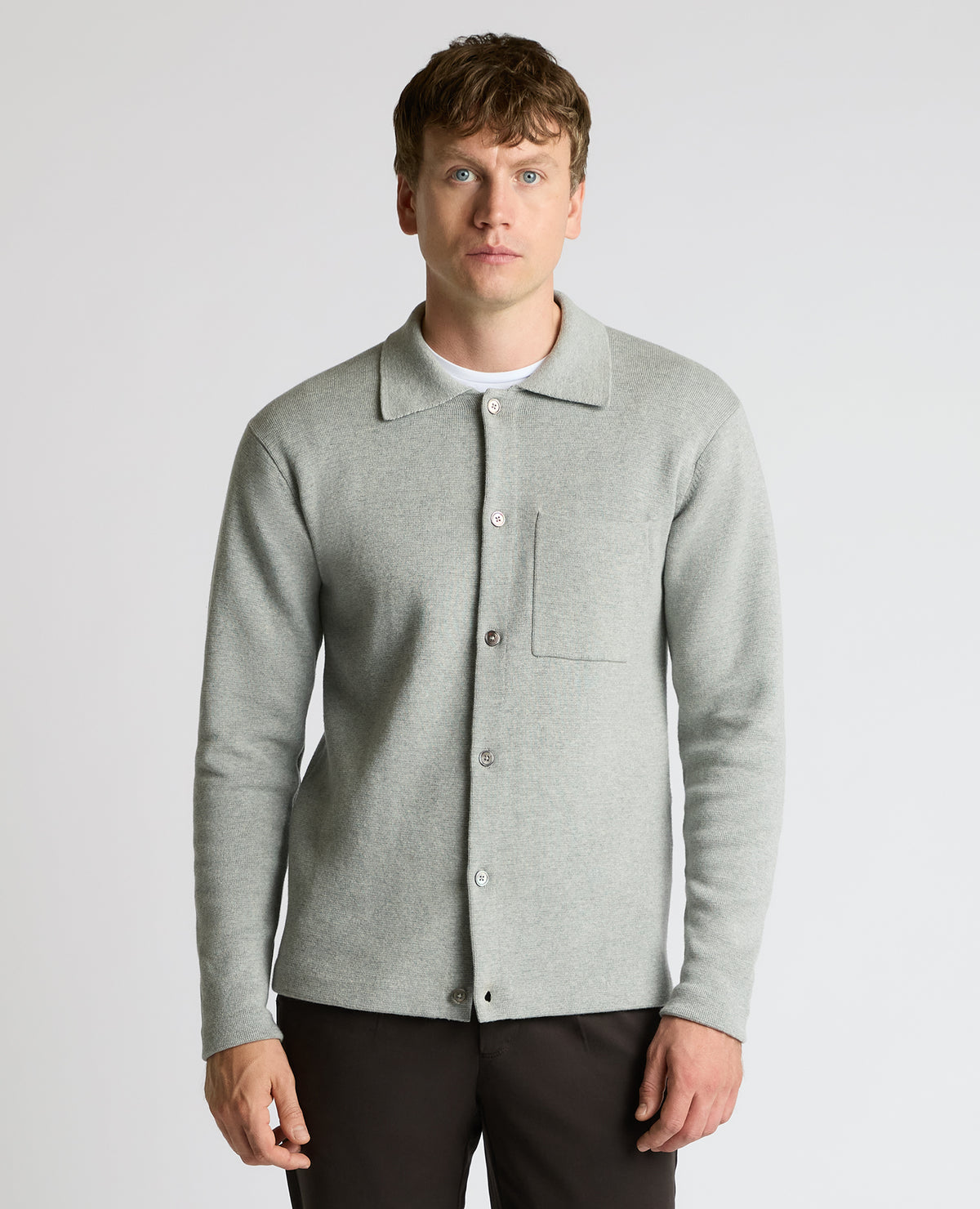Man wearing a grey Button-Up Cotton Cardigan