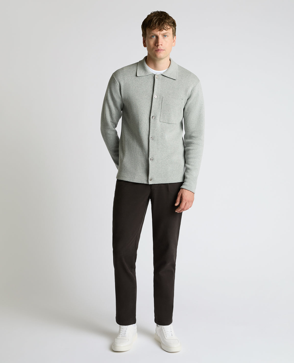Man wearing a grey Button-Up Cotton Cardigan