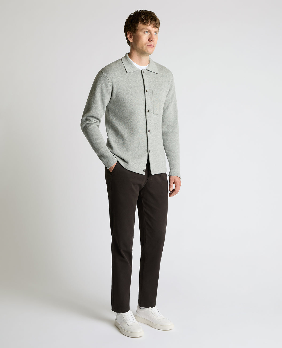 Man wearing a grey Button-Up Cotton Cardigan