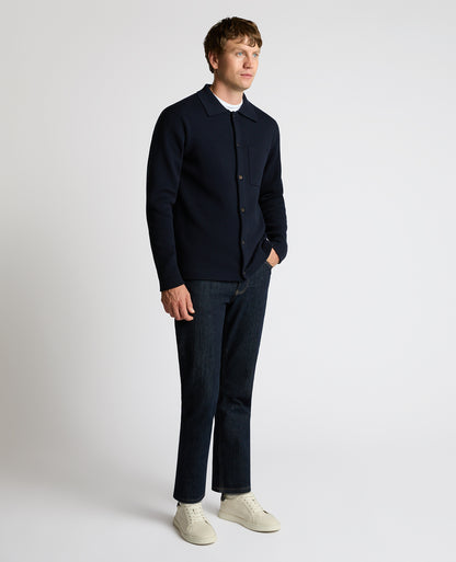 Man wearing a navy Button-Up Cotton Cardigan