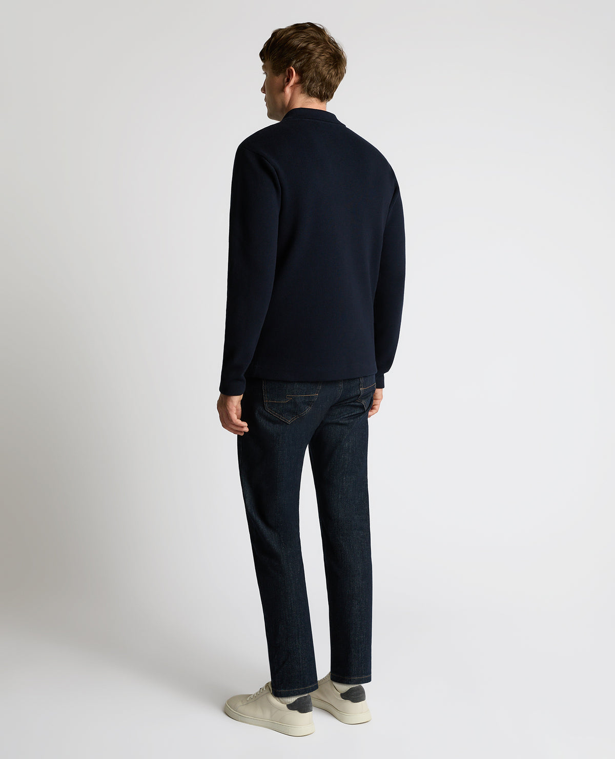 Man wearing a navy Button-Up Cotton Cardigan