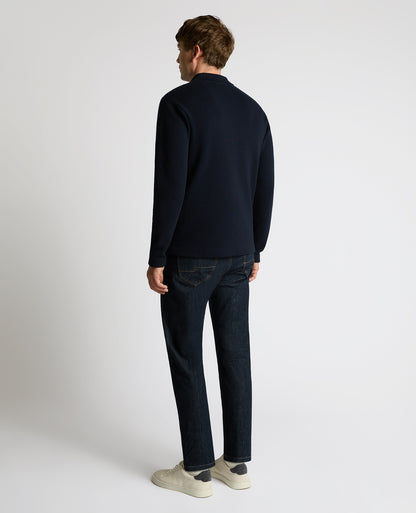 Man wearing a navy Button-Up Cotton Cardigan