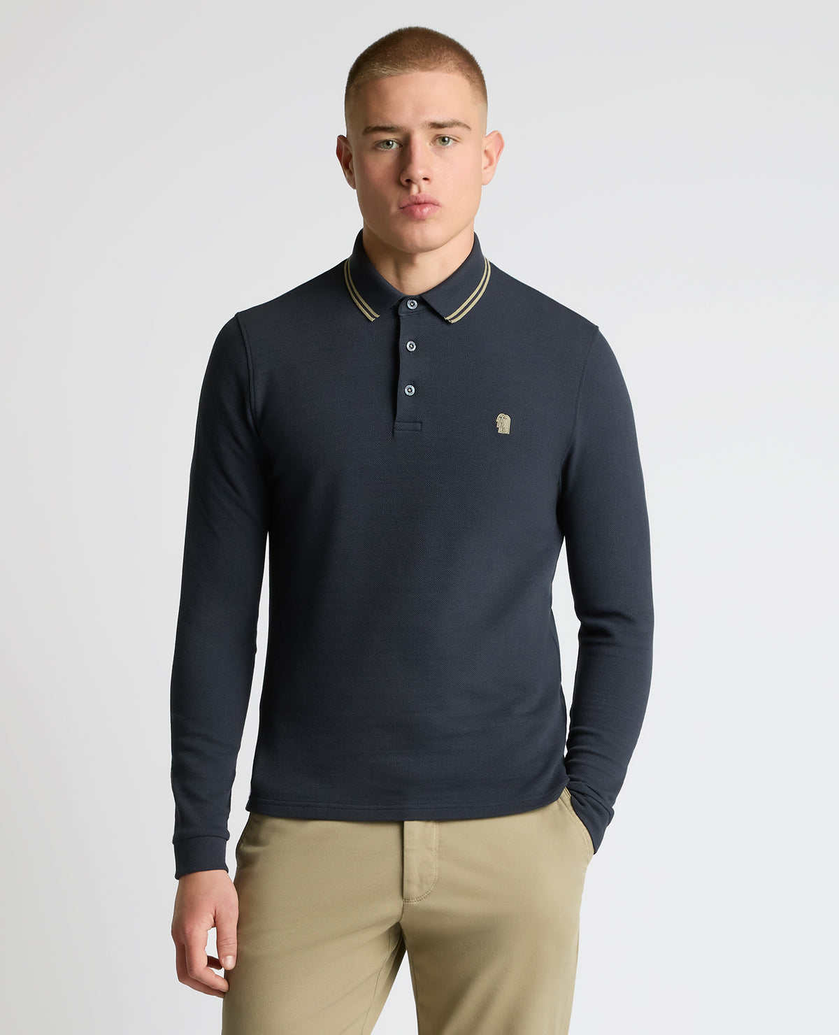 Man wearing a blue Contrast Collar Cotton-Stretch Polo