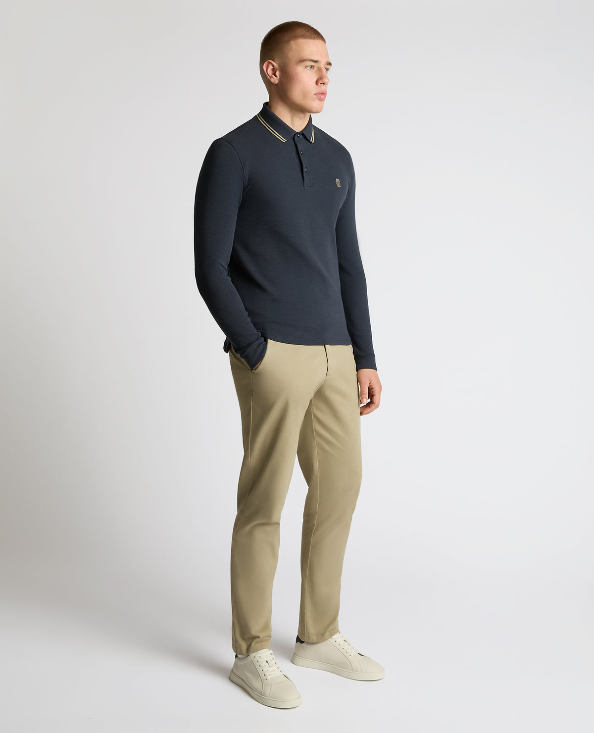 Man wearing a blue Contrast Collar Cotton-Stretch Polo