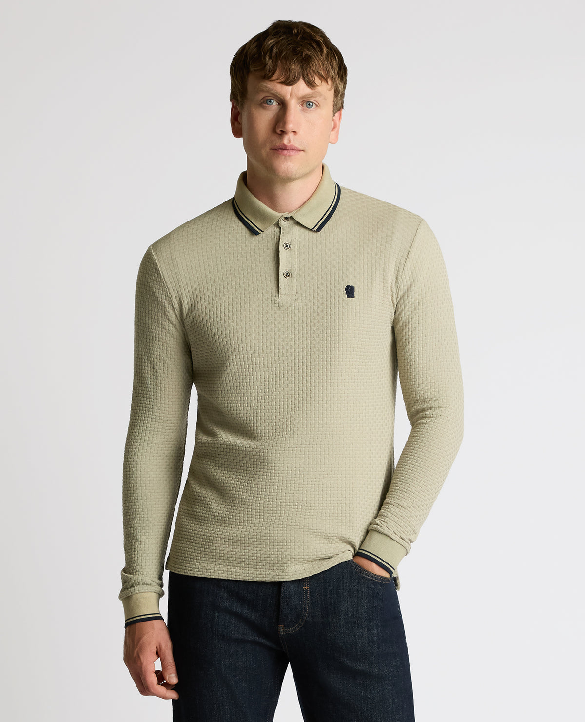 Man wearing a sand Contrast Collar Jersey Polo