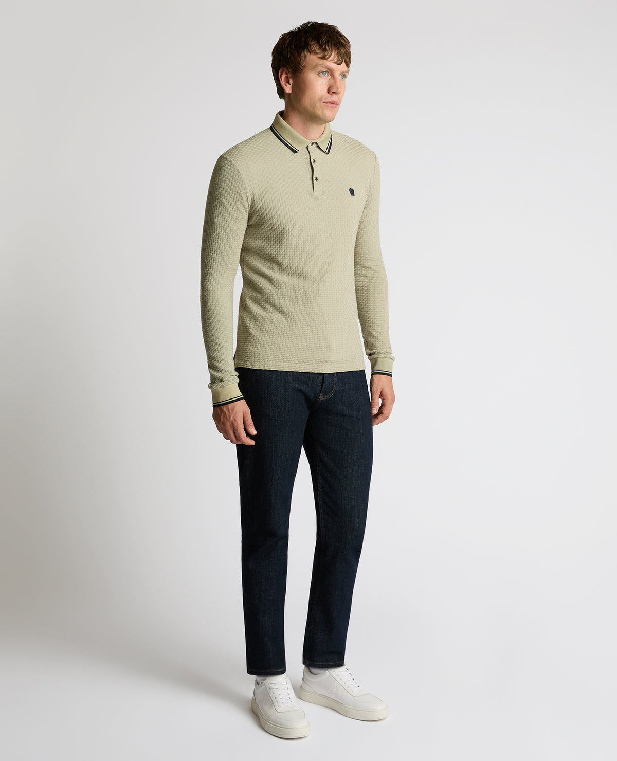 Man wearing a sand Contrast Collar Jersey Polo