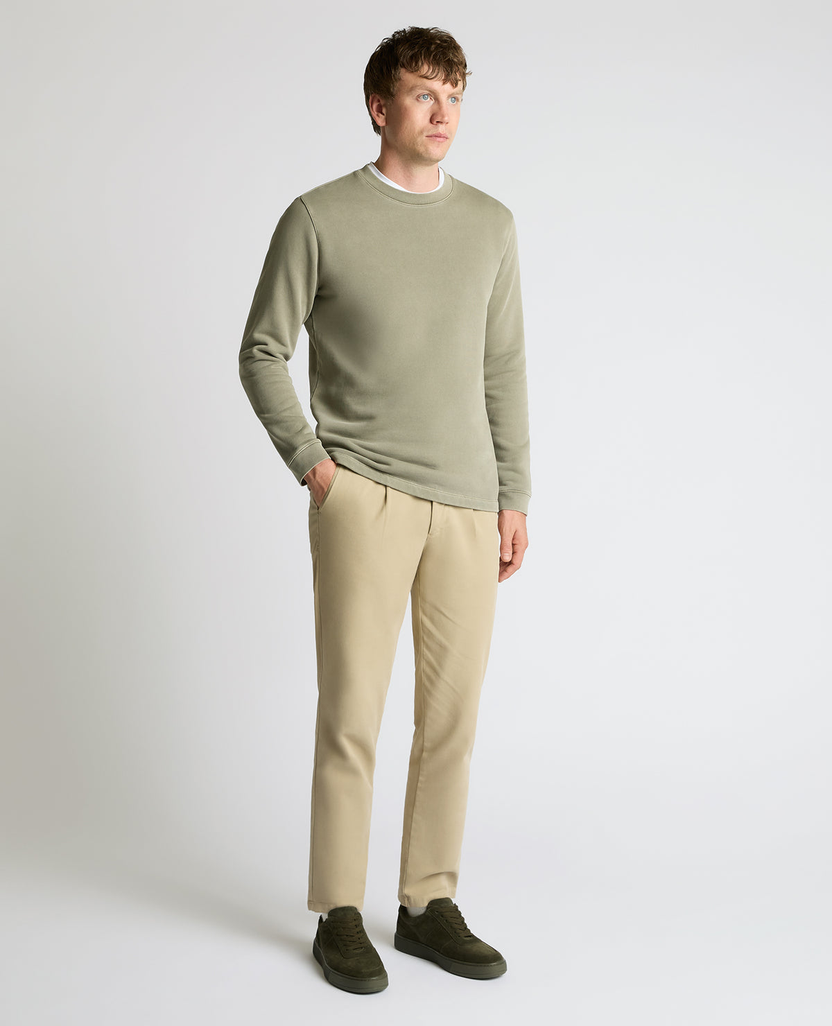Man wearing a green Crew Neck Jersey Sweatshirt