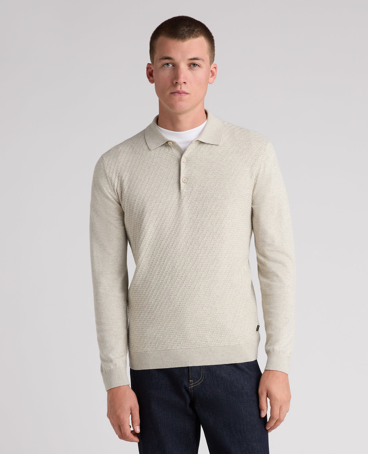 Cream Textured Knitted Polo