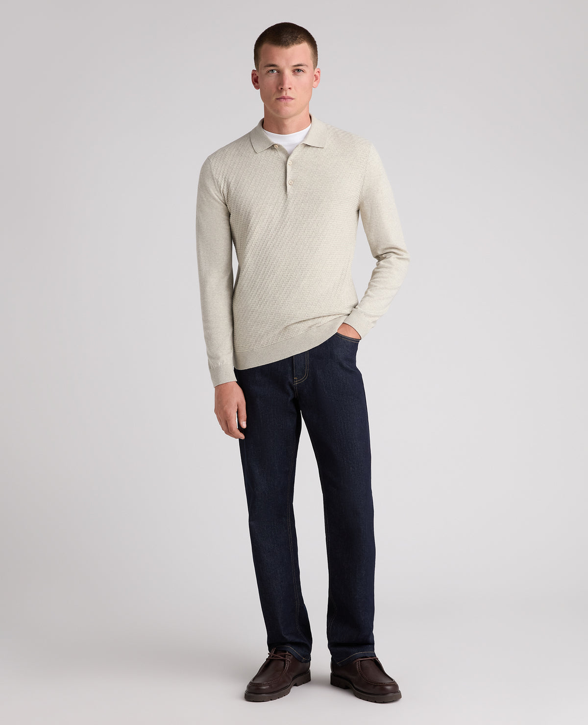 Cream Textured Knitted Polo
