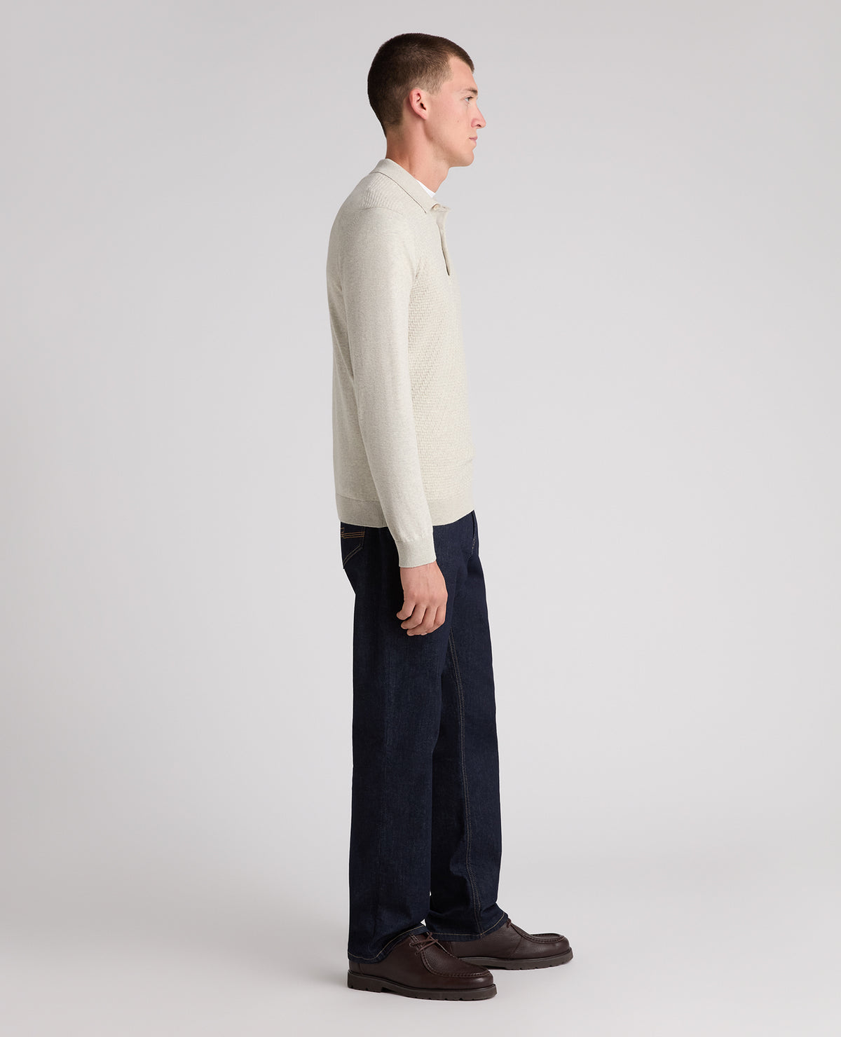 Cream Textured Knitted Polo
