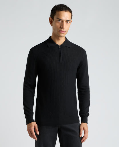 Black Textured Wool Blend Zip Polo