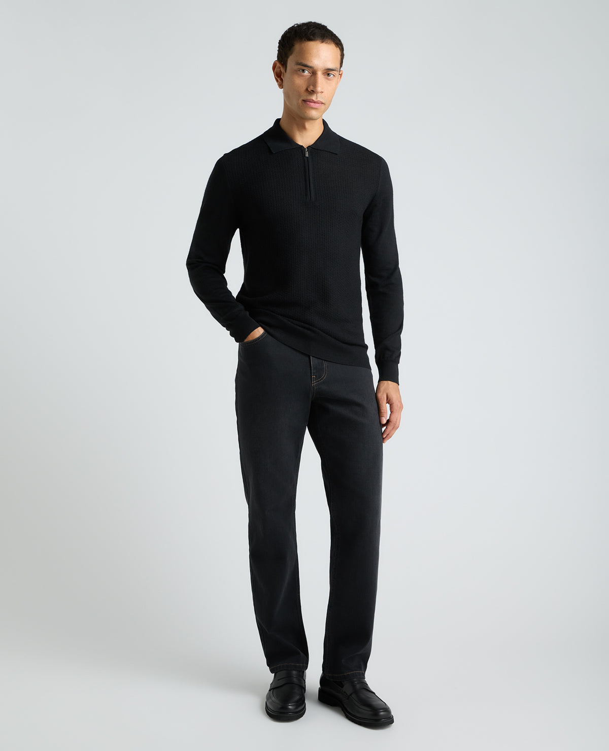 Black Textured Wool Blend Zip Polo