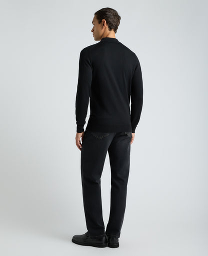 Black Textured Wool Blend Zip Polo