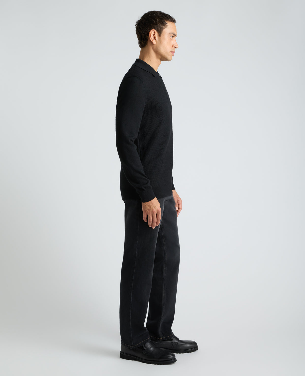 Black Textured Wool Blend Zip Polo