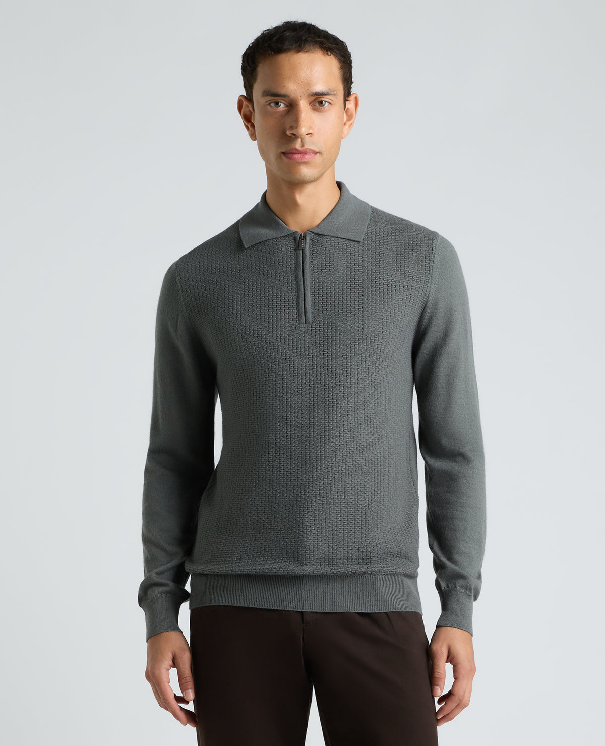 Grey Textured Wool Blend Zip Polo