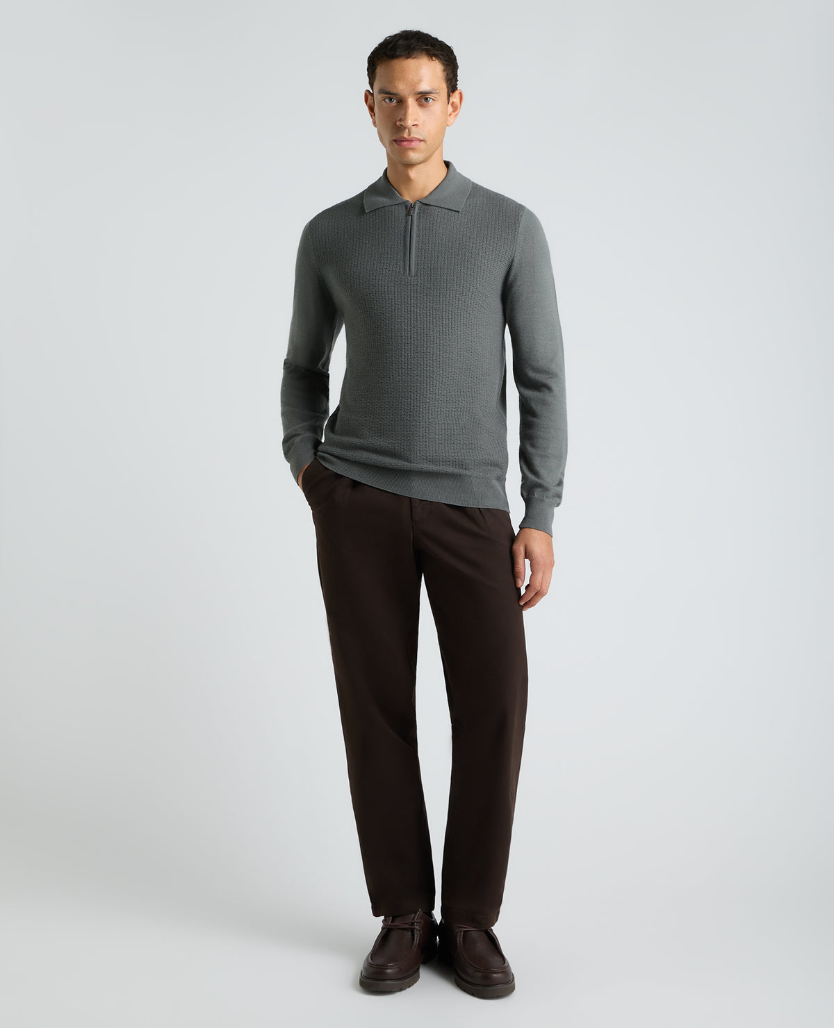 Grey Textured Wool Blend Zip Polo