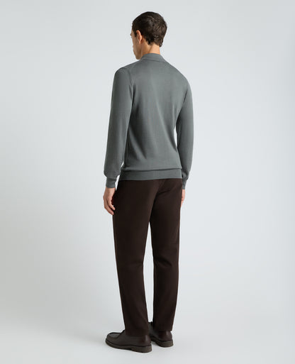 Grey Textured Wool Blend Zip Polo