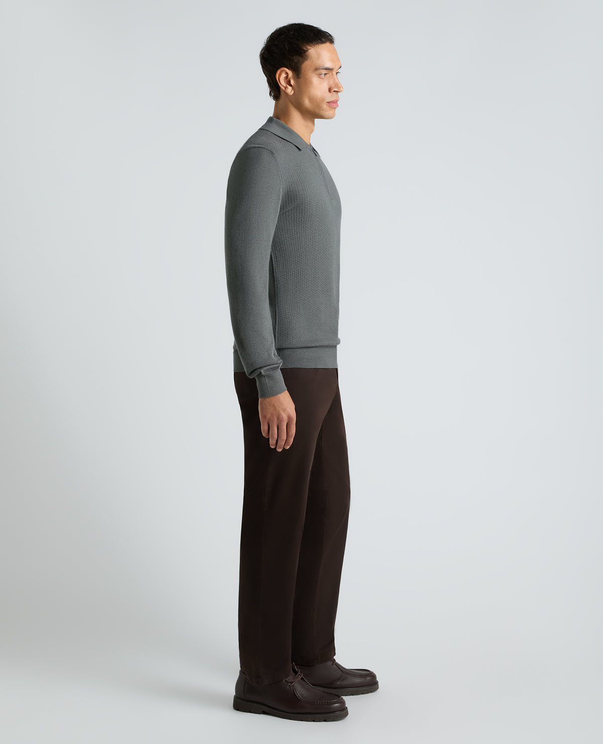 Grey Textured Wool Blend Zip Polo