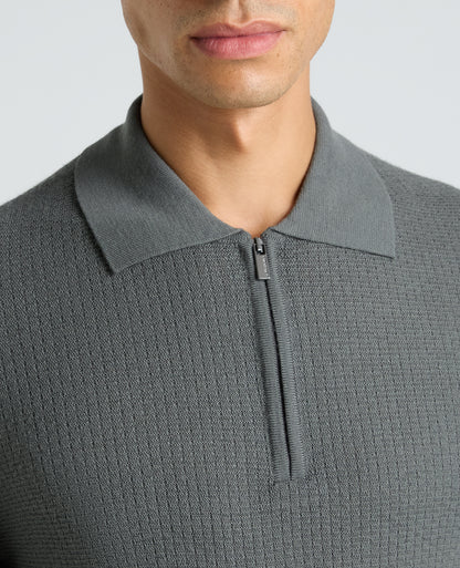 Grey Textured Wool Blend Zip Polo