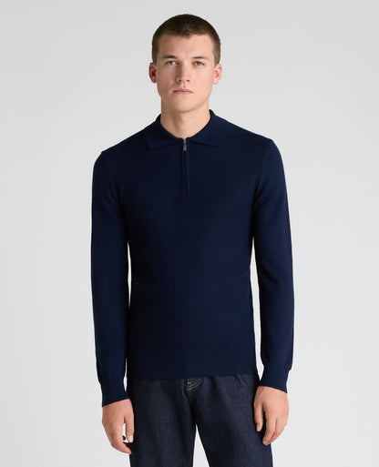 Dark Blue Textured Wool Blend Zip Polo
