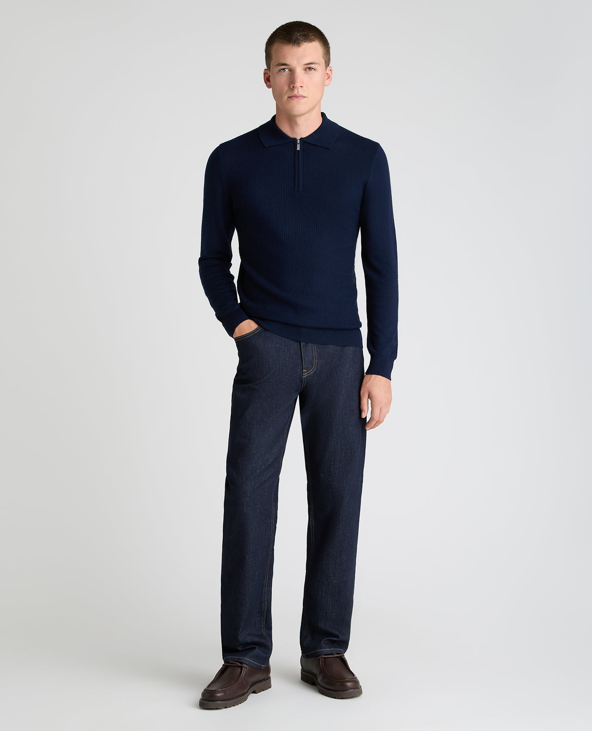 Dark Blue Textured Wool Blend Zip Polo