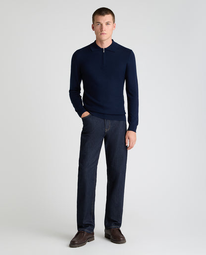 Dark Blue Textured Wool Blend Zip Polo