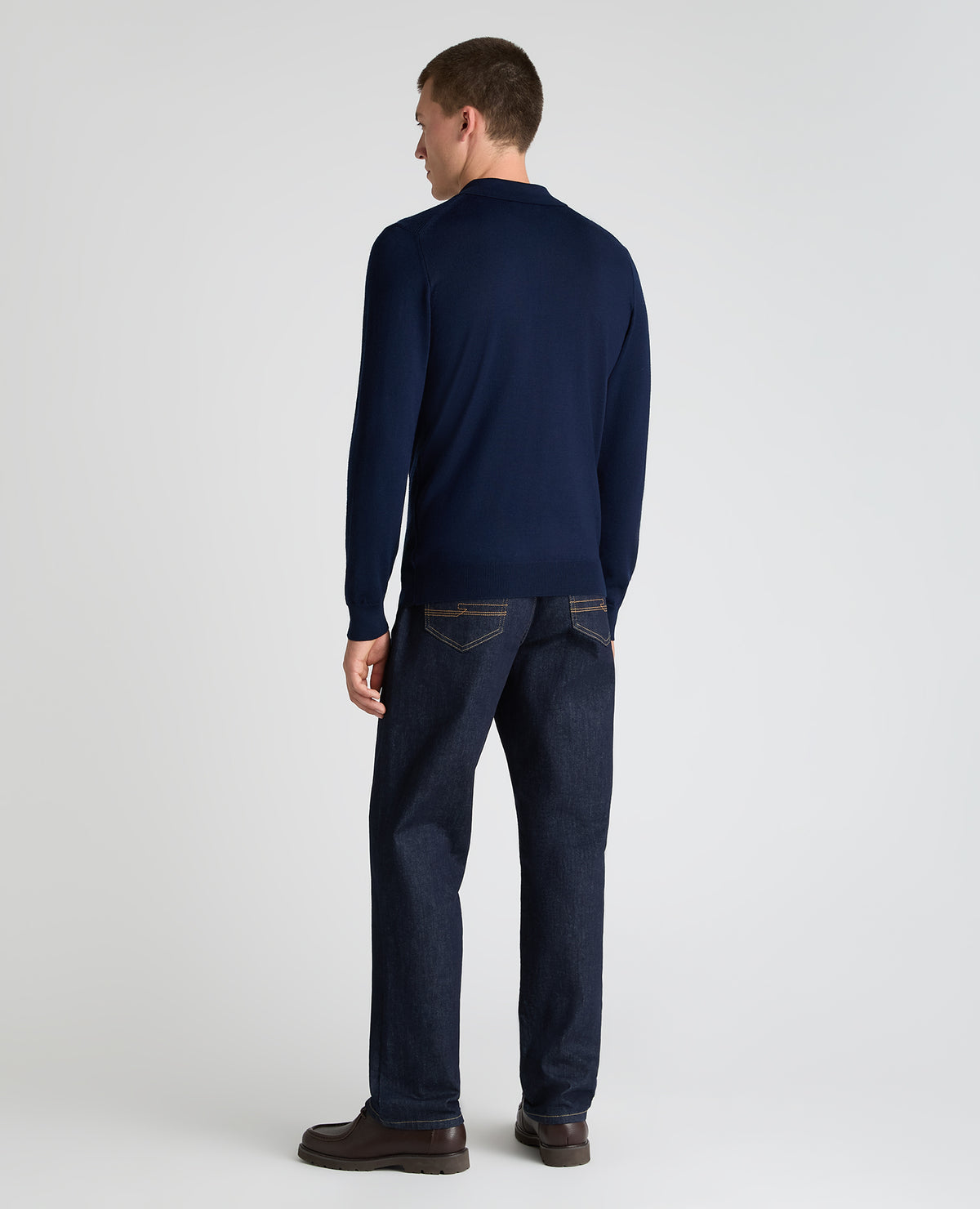Dark Blue Textured Wool Blend Zip Polo