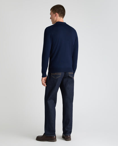 Dark Blue Textured Wool Blend Zip Polo