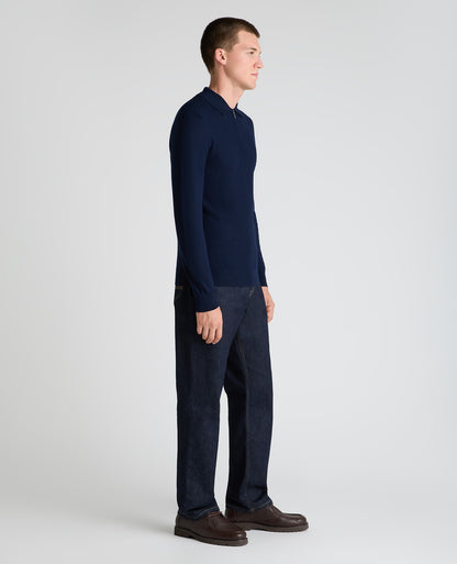 Dark Blue Textured Wool Blend Zip Polo
