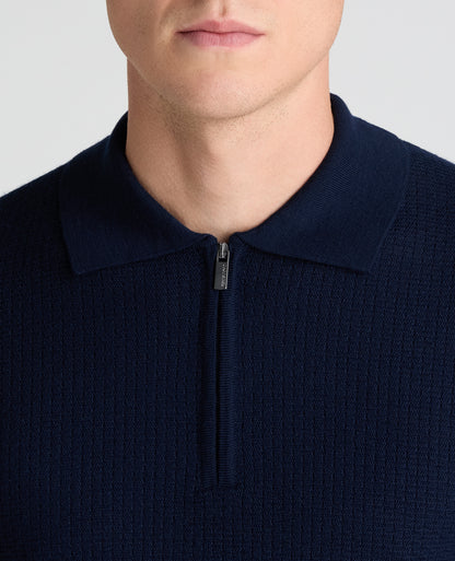 Dark Blue Textured Wool Blend Zip Polo