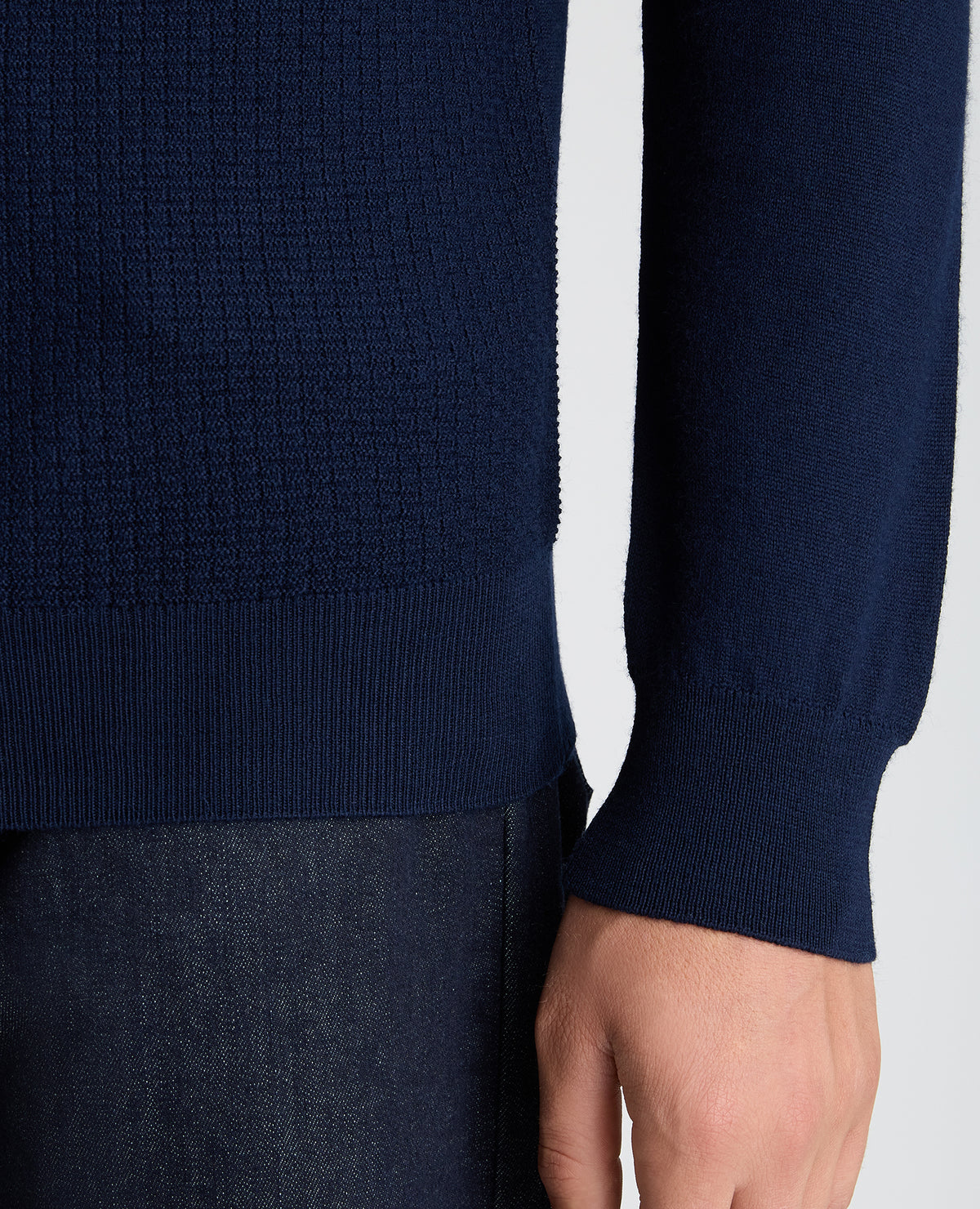 Dark Blue Textured Wool Blend Zip Polo