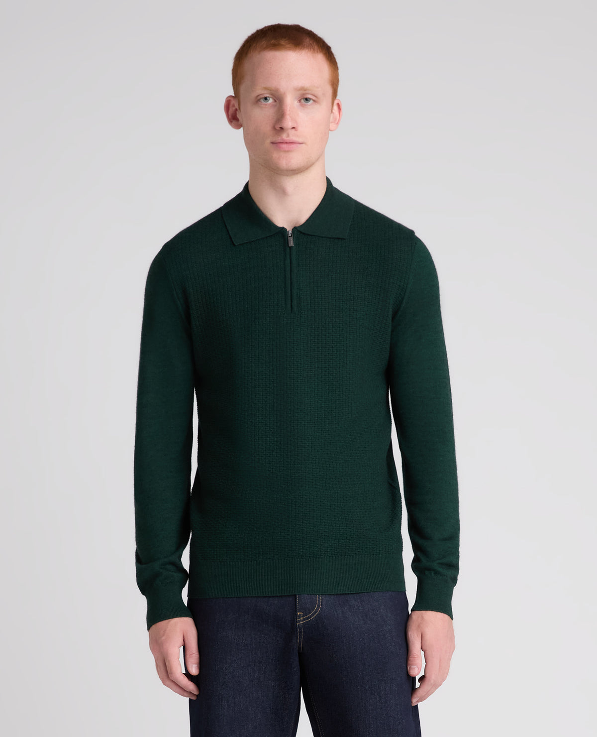 Dark Green Textured Wool Blend Zip Polo
