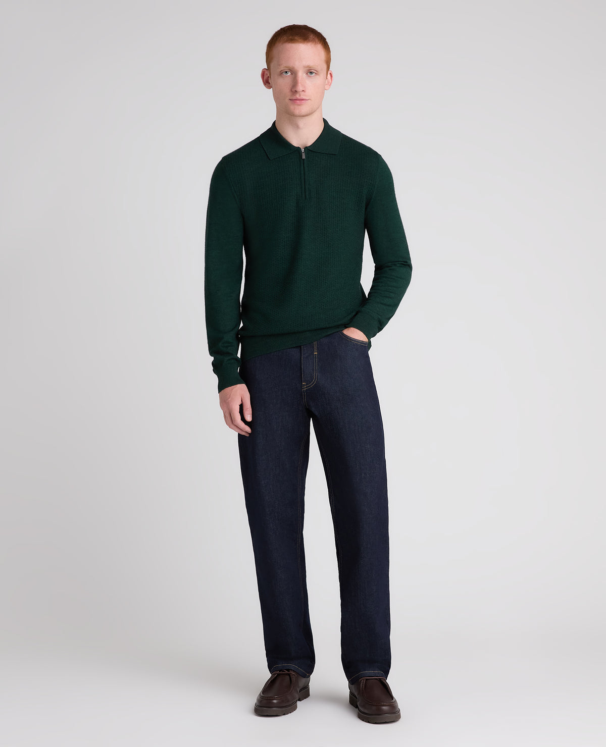 Dark Green Textured Wool Blend Zip Polo