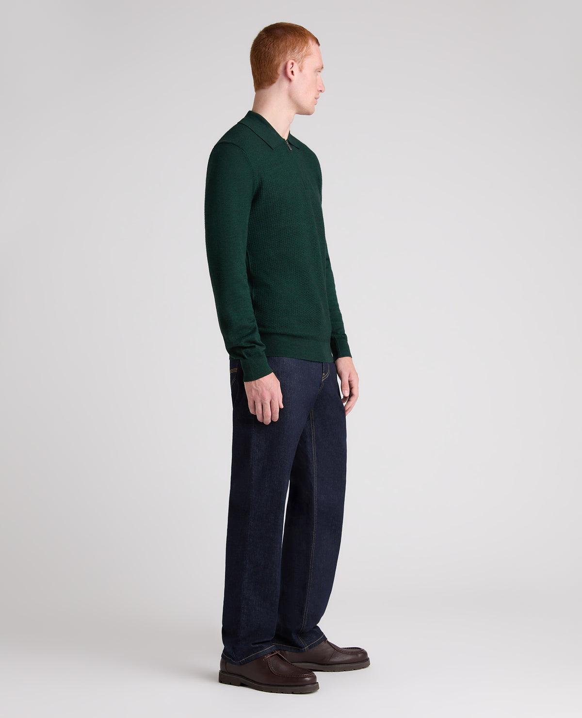 Dark Green Textured Wool Blend Zip Polo