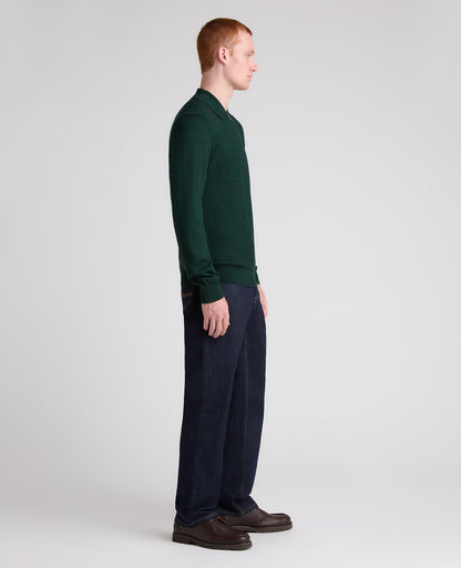 Dark Green Textured Wool Blend Zip Polo