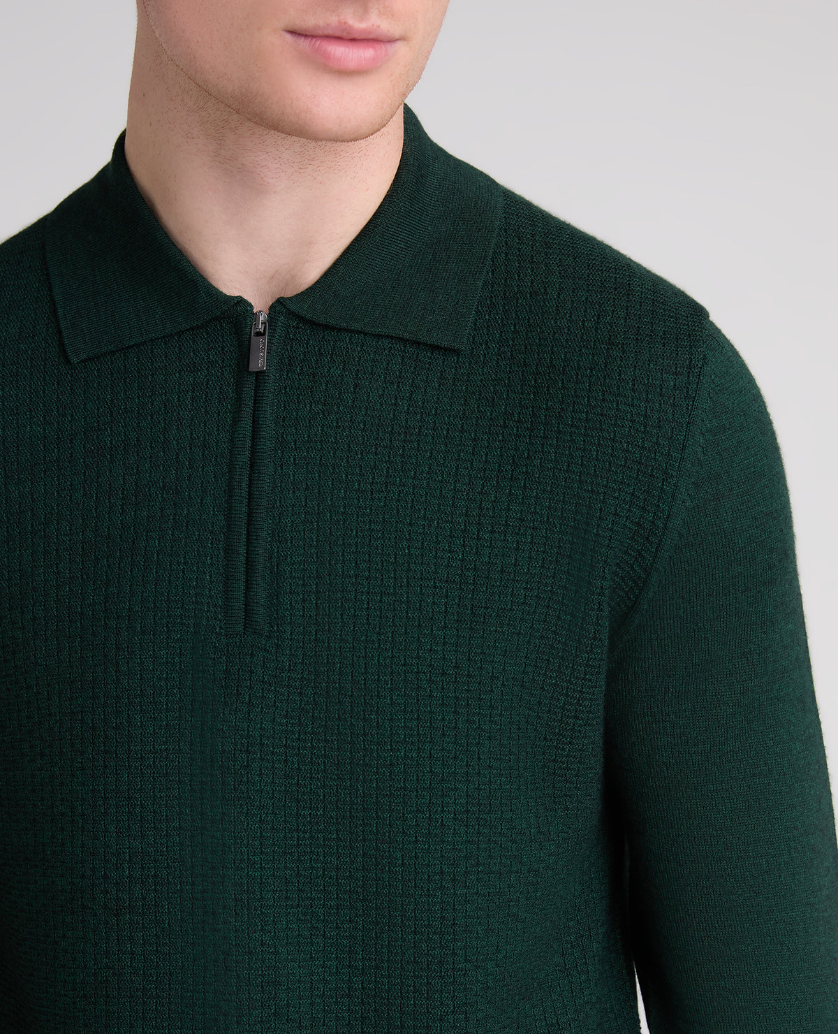 Dark Green Textured Wool Blend Zip Polo