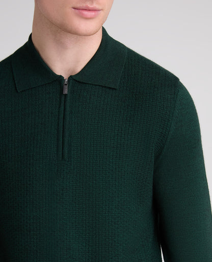 Dark Green Textured Wool Blend Zip Polo