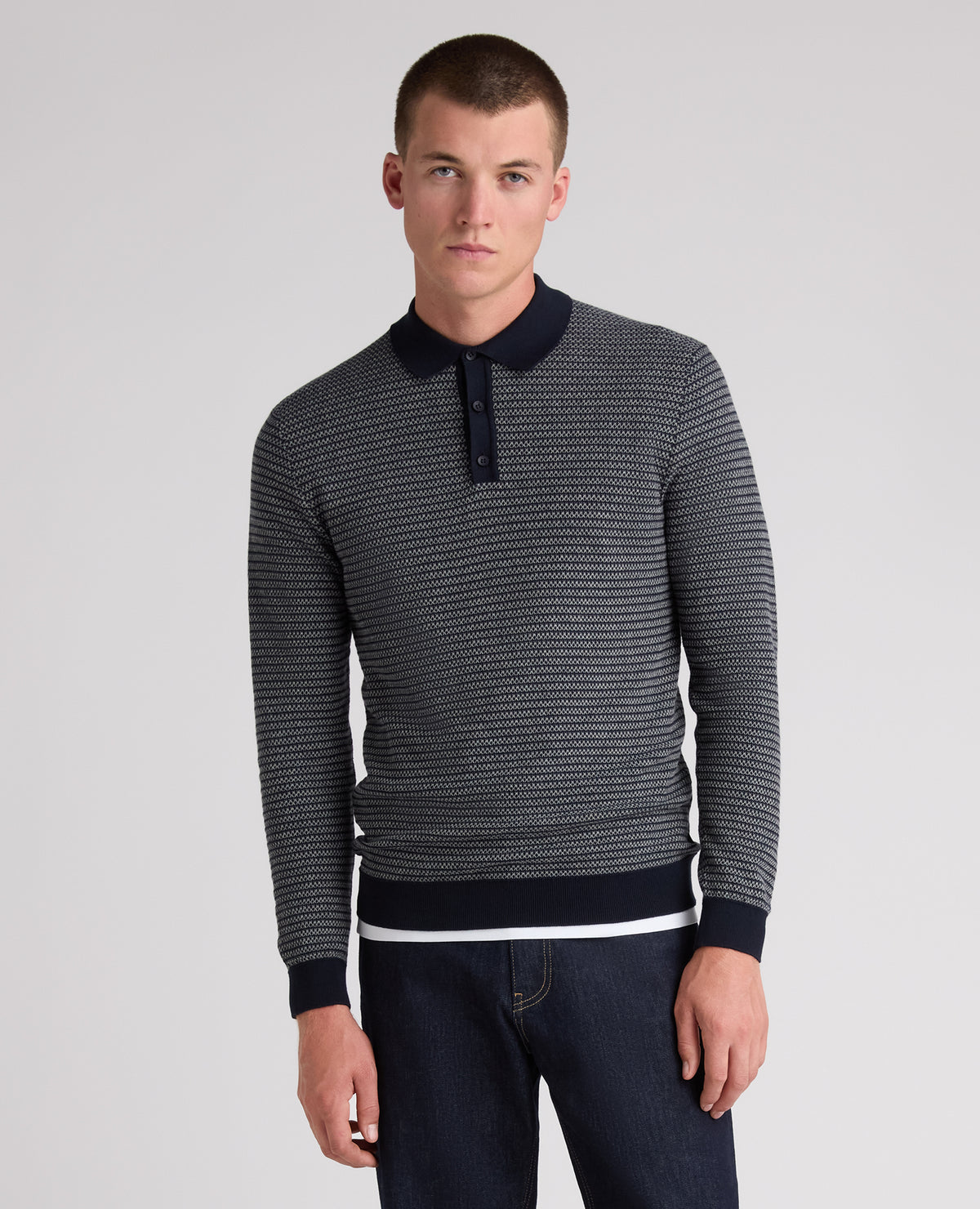 Navy Textured Long Sleeve Cotton Polo