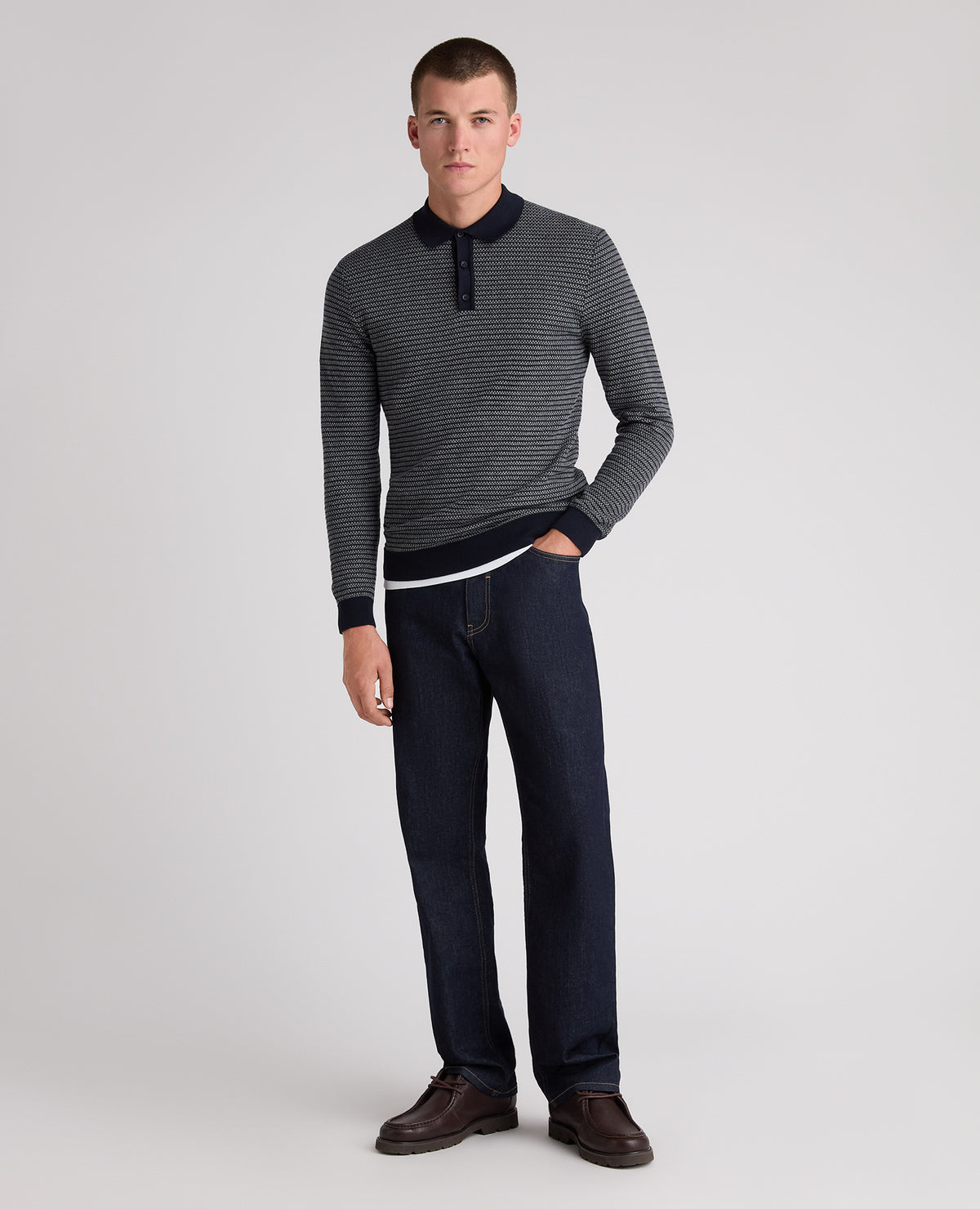 Navy Textured Long Sleeve Cotton Polo