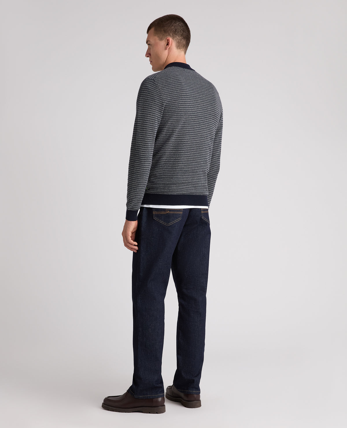 Navy Textured Long Sleeve Cotton Polo