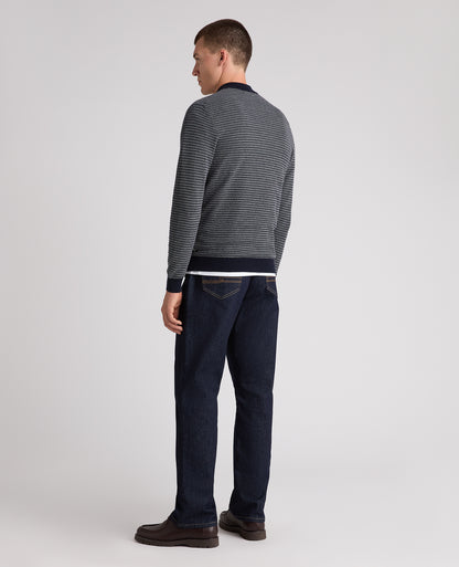 Navy Textured Long Sleeve Cotton Polo