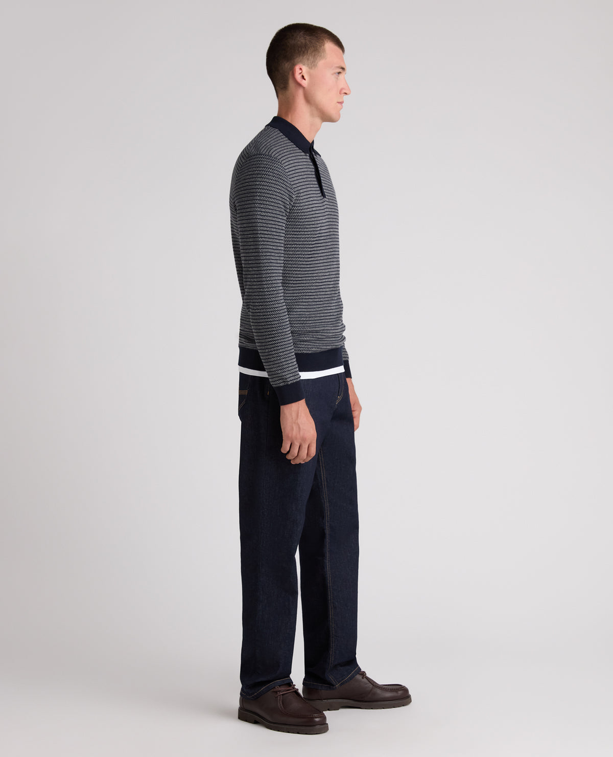 Navy Textured Long Sleeve Cotton Polo