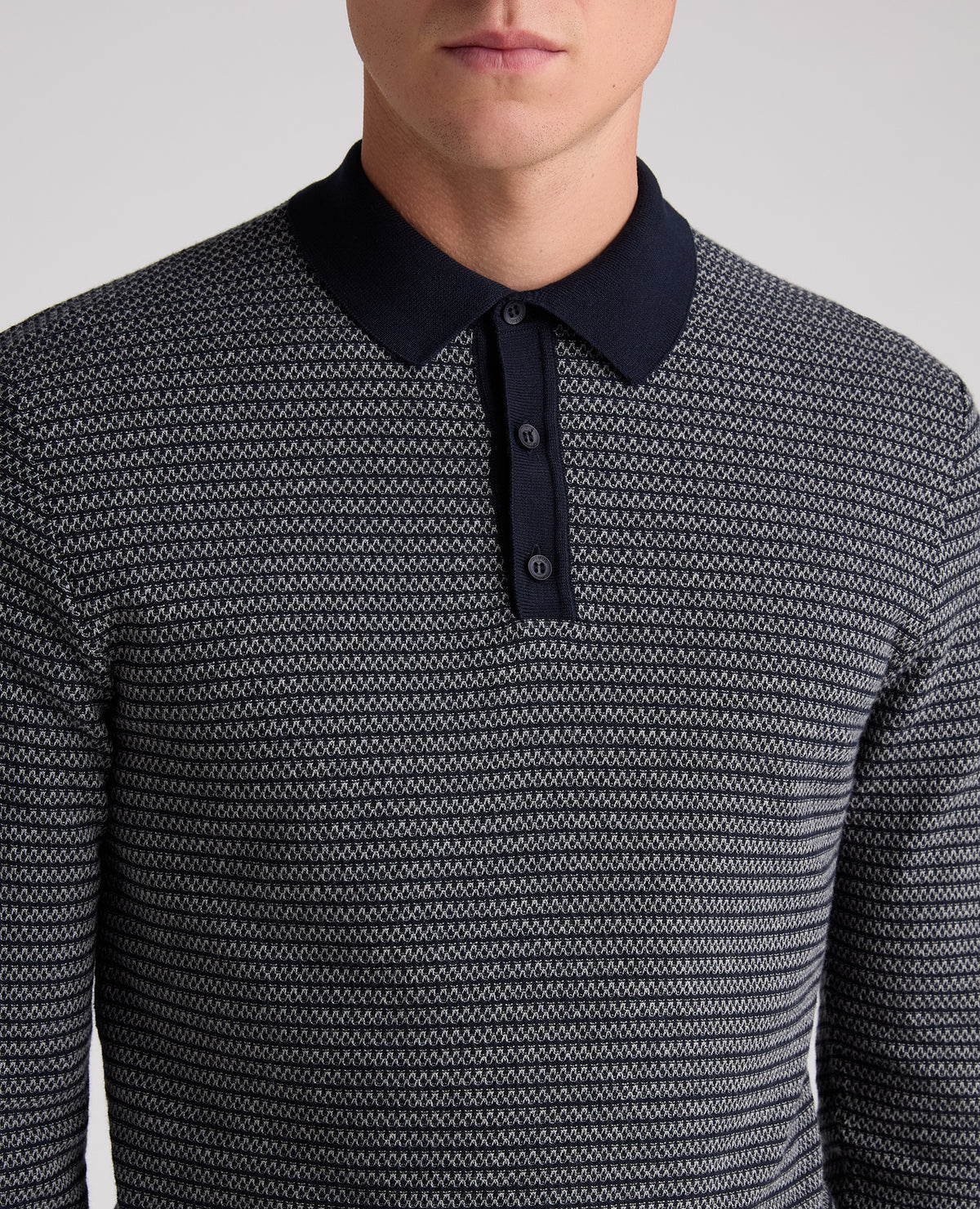Navy Textured Long Sleeve Cotton Polo
